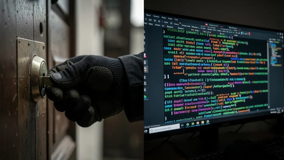 Split image showing a burglar's gloved hand and a computer screen with digital code.