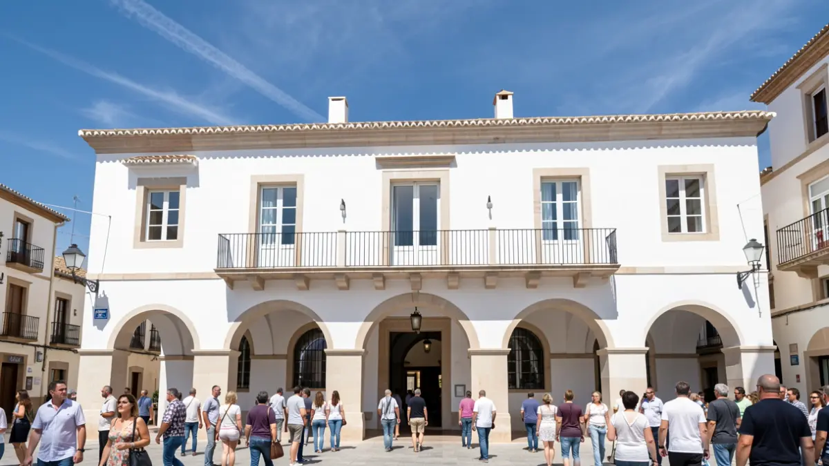 Fachada de un moderno centro de interpretación en Vícar, con arquitectura blanca y arcos, bajo el sol de Andalucía.