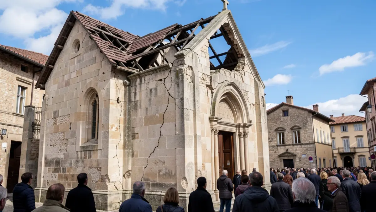 Fachada de una ermita dañada con el tejado parcialmente derrumbado.