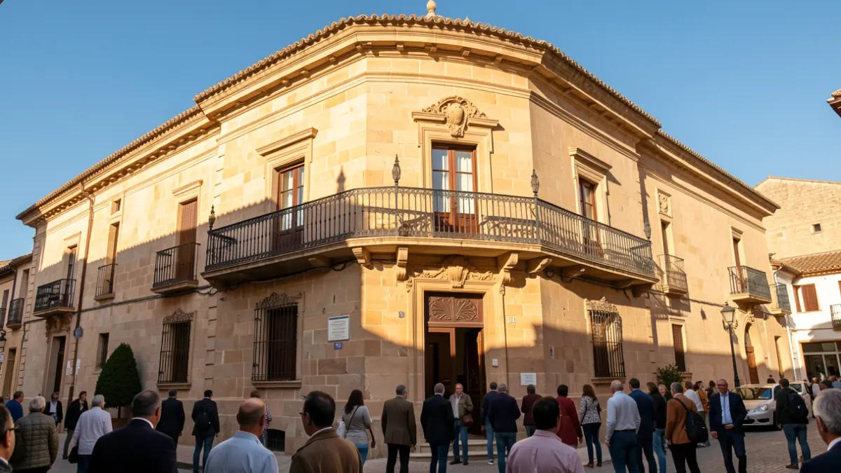 Facade of the Ayamonte Town Hall with an ornate balcony and iron railings, warm afternoon light.