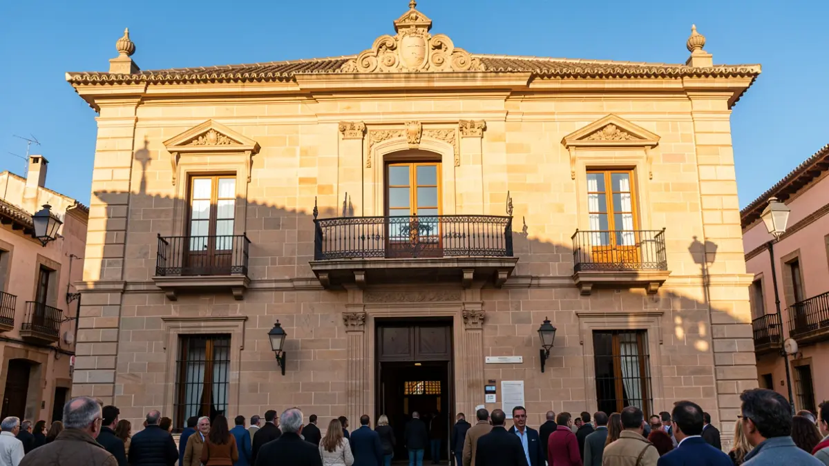 Fachada del Ayuntamiento de Ayamonte con balcón y barandillas de hierro, luz de tarde cálida, cielo azul, arquitectura andaluza.