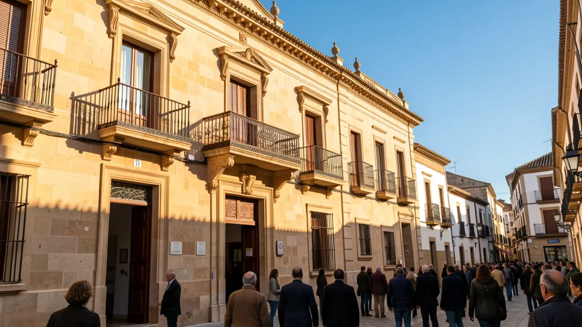 Fachada del Ayuntamiento de Ayamonte con balcón y barandillas de hierro, luz cálida de la tarde, cielo azul.