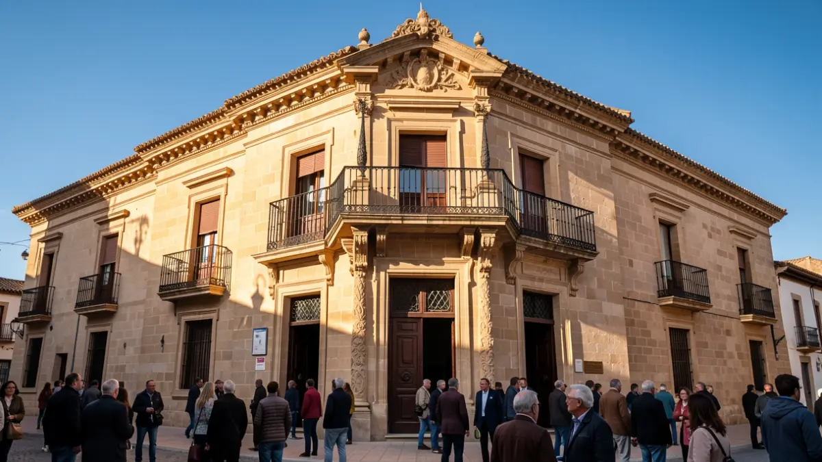 Facade of the Ayamonte Town Hall with balcony and iron railings, afternoon sunlight, blue sky.