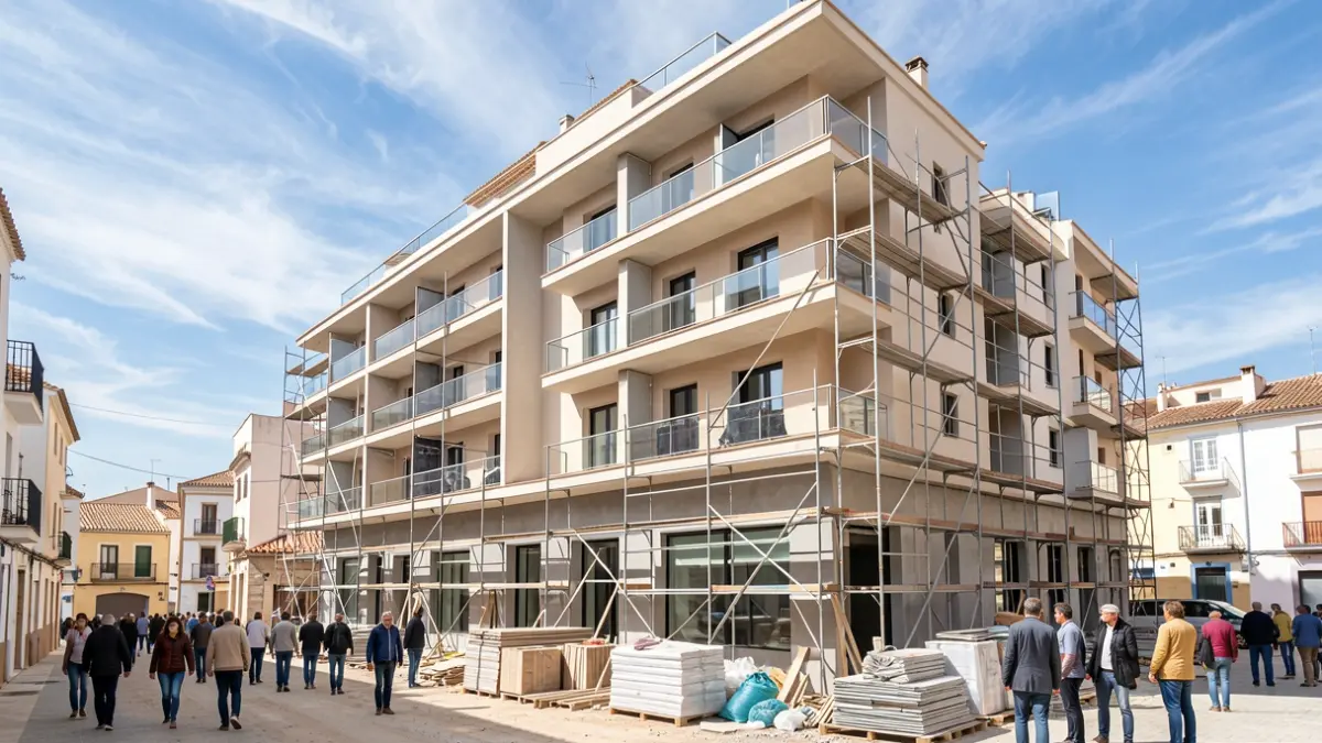 Facade of a social housing apartment building under construction in Ayamonte.