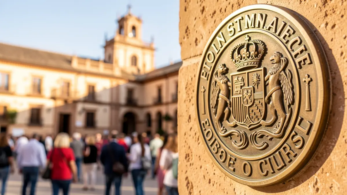 Sello municipal oficial con detalles intrincados y fondo de arquitectura andaluza.