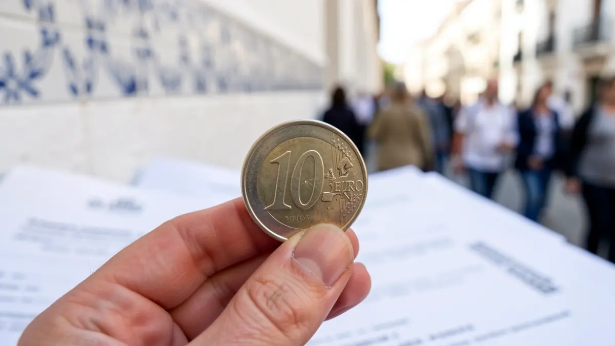 Close-up of a hand holding a 10 euro coin, with official documents and an Andalusian architectural detail in the background.