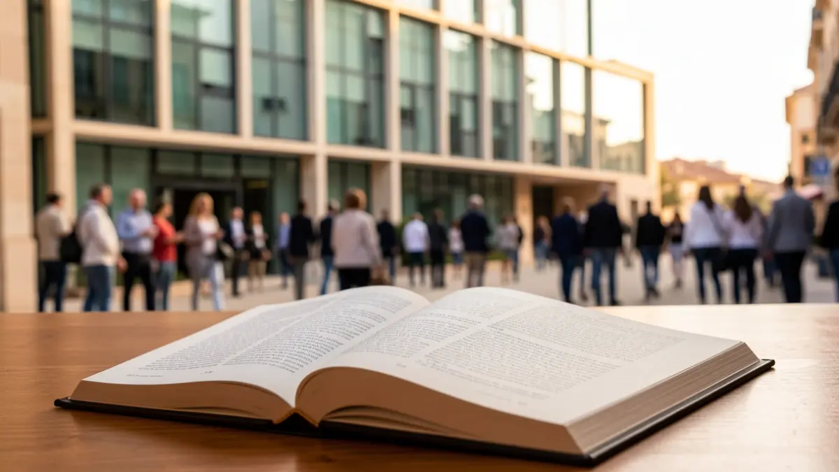 Spanish language textbook open on a wooden desk with a blurred modern Andalusian building facade in the background.