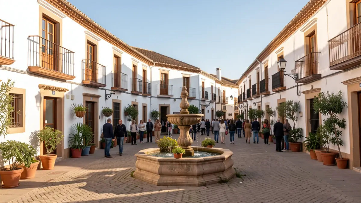 Plaza de un pueblo andaluz con edificios blancos y una fuente central.