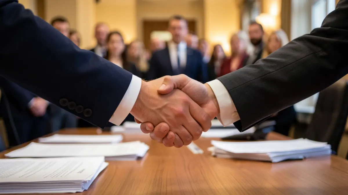 Imagen genérica de dos personas dándose la mano sobre un escritorio.