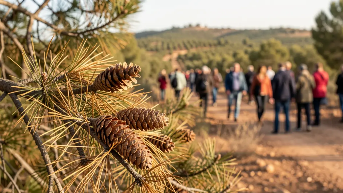 Primer plano de piñas y ramas de coníferas secas en el Pinar de La Algaida, Andalucía.