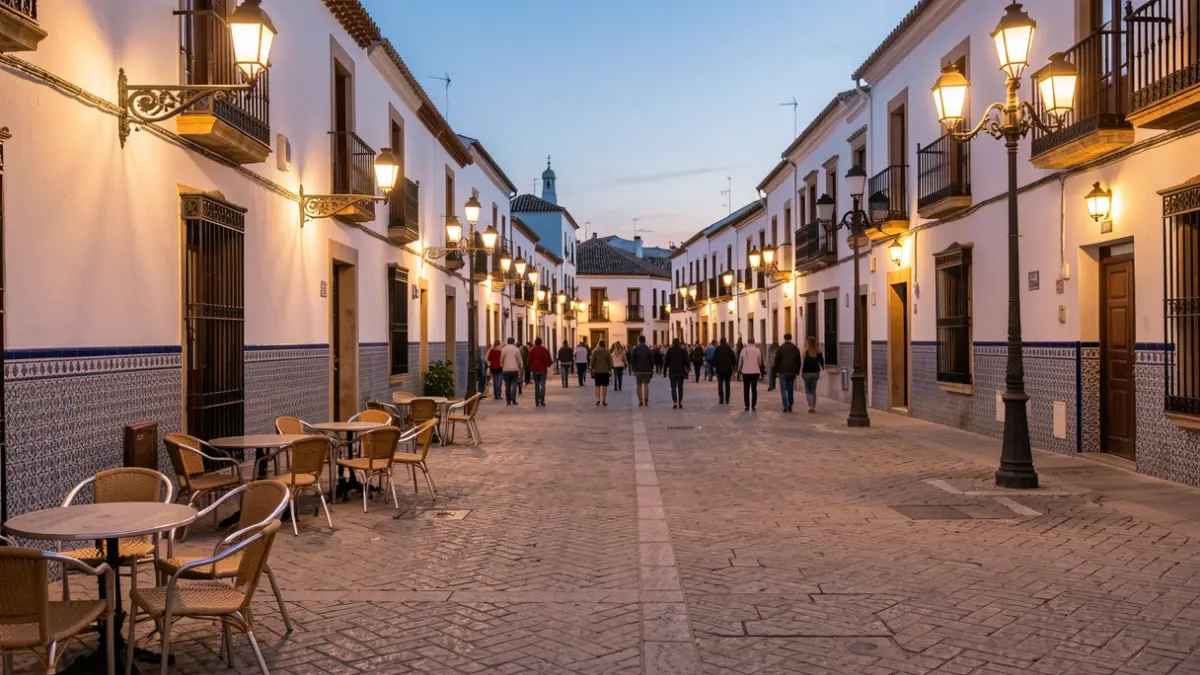 Plaza de un pueblo andaluz al atardecer con farolas encendidas.