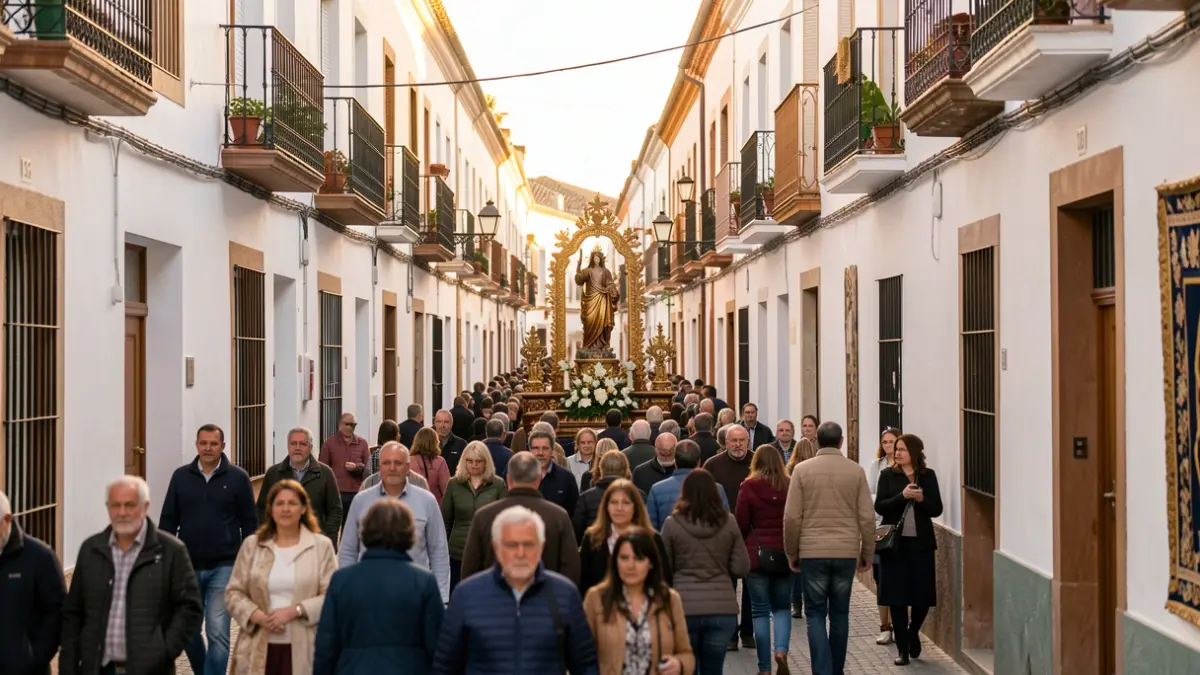 Imagen de una procesión religiosa en una calle estrecha de un pueblo blanco andaluz con balcones ornamentados y una estatua de Jesús Nazareno.