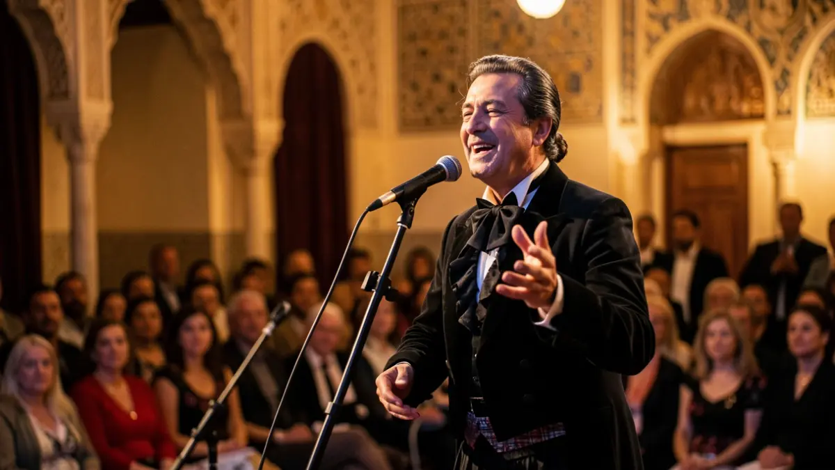 Flamenco singer performing on stage in Bailén, with audience and cultural hall architecture in the background.