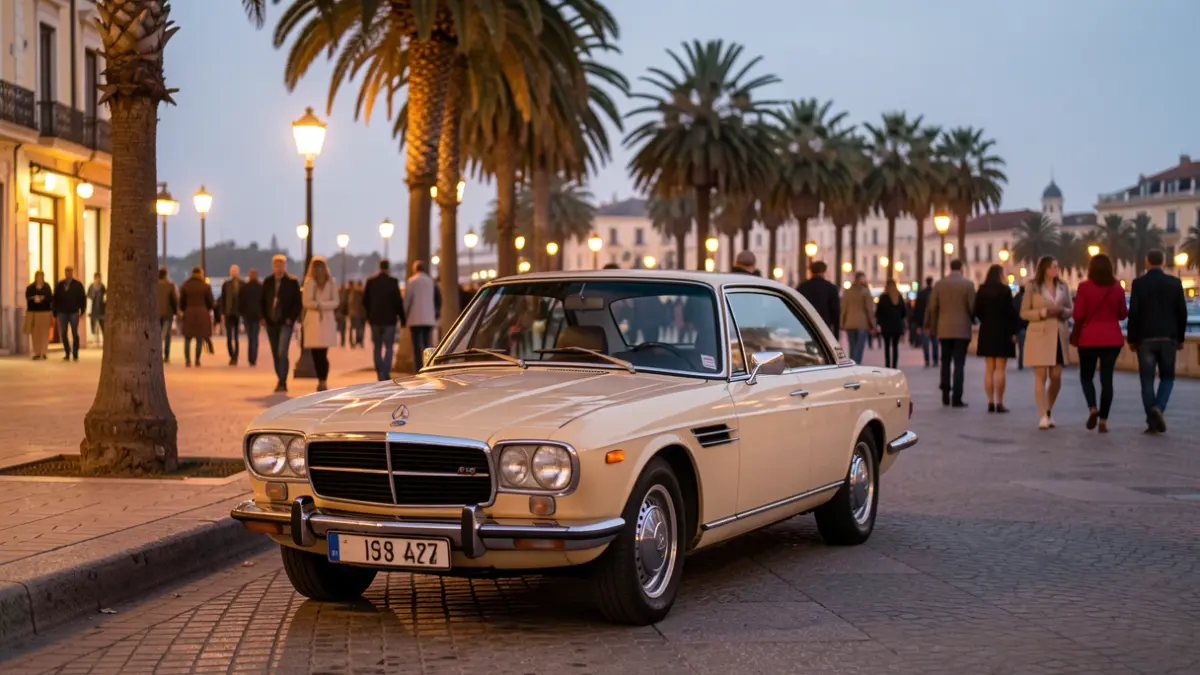 A classic car parked on Bailén's Paseo de las Palmeras at dusk.
