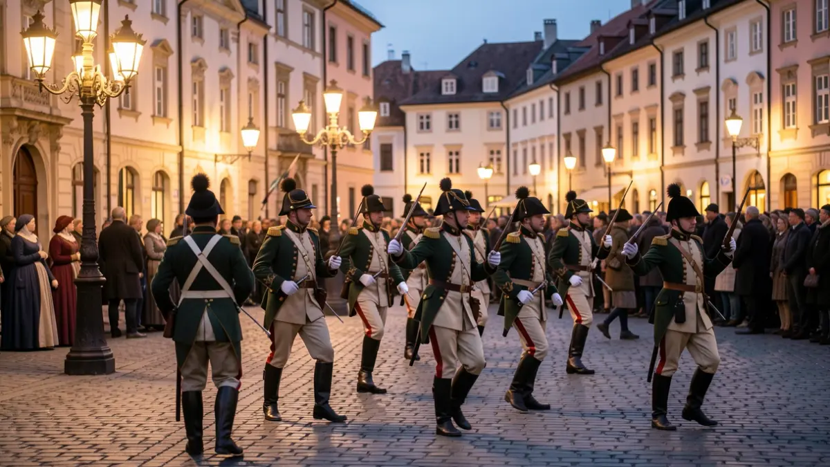 Grupo de recreación histórica con uniformes de época realizando maniobras en una plaza al anochecer.