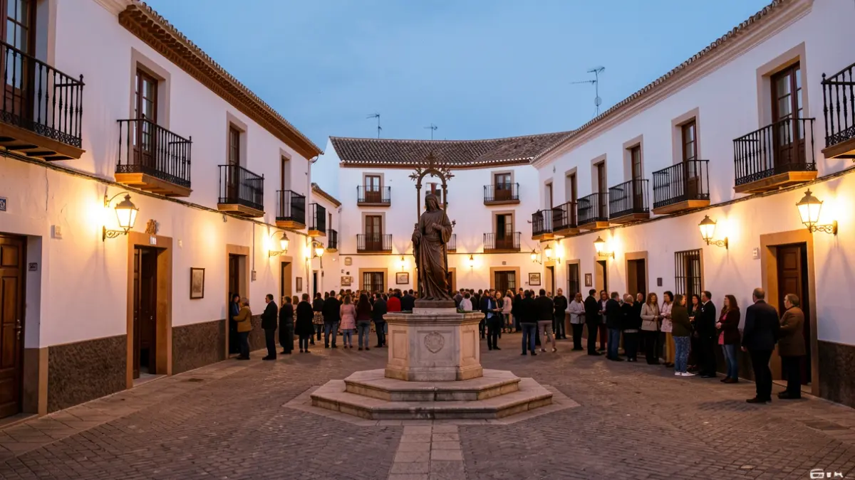 Plaza de un pueblo andaluz al atardecer con edificios encalados y una estatua religiosa.