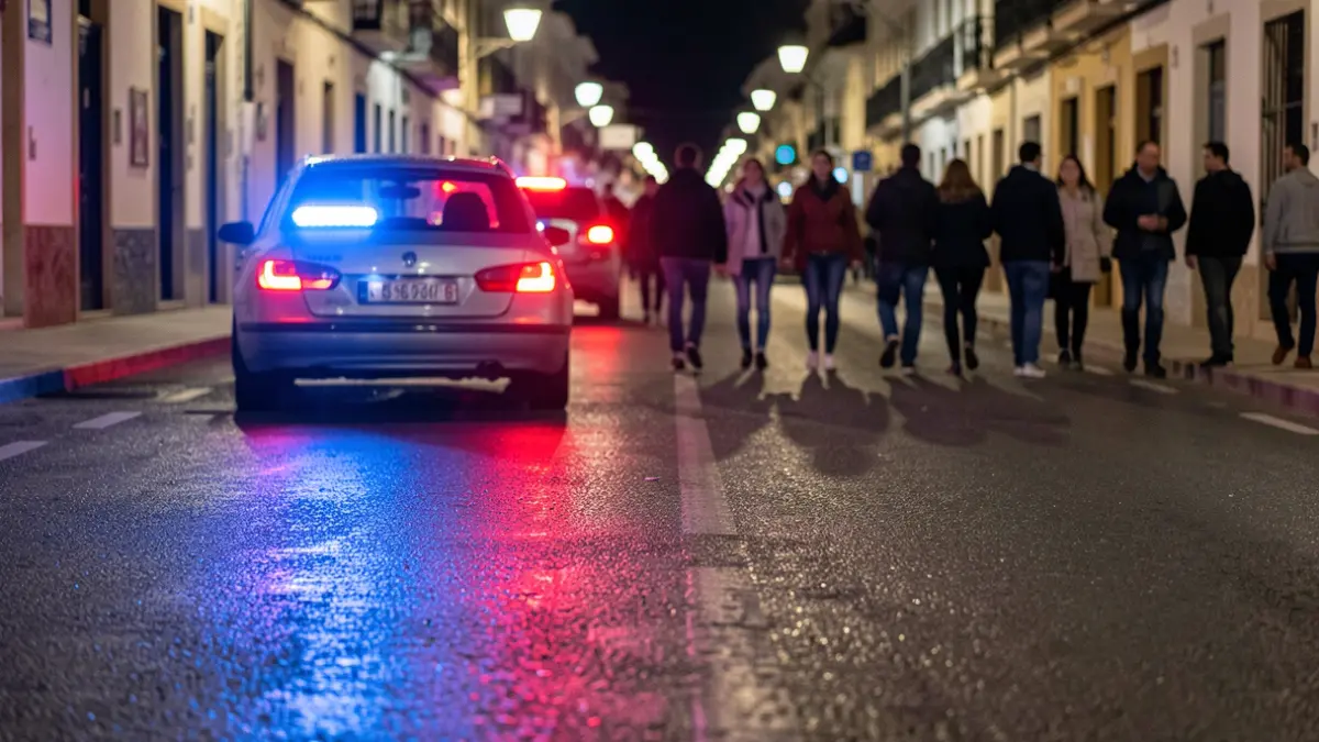 Imagen genérica de luces de emergencia policiales reflejando en asfalto mojado por la noche.