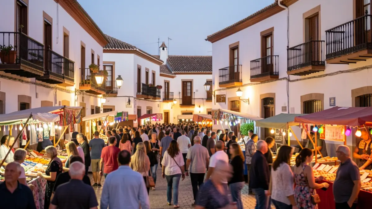 Festive atmosphere in an Andalusian town square at dusk during a local fair, with lights and blurred people.