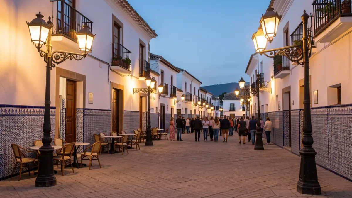 Andalusian town square at dusk with streetlamps and traditional architecture.
