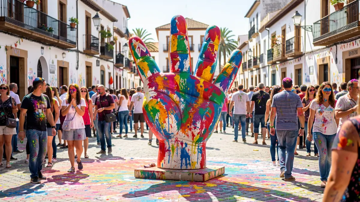 Imagen de la fiesta del Cascamorras Infantil en Baza, con gente pintada y una gran mano de Cascamorras.
