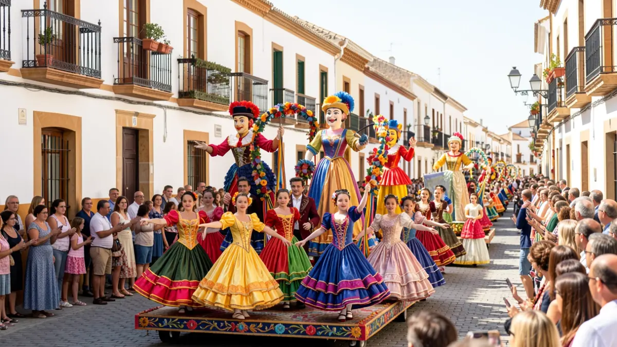 Cabalgata de feria en Baza con carrozas, personajes y público.