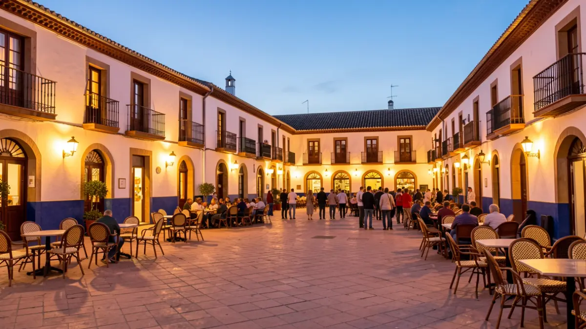 Imagen genérica de una plaza andaluza al atardecer con arquitectura tradicional.