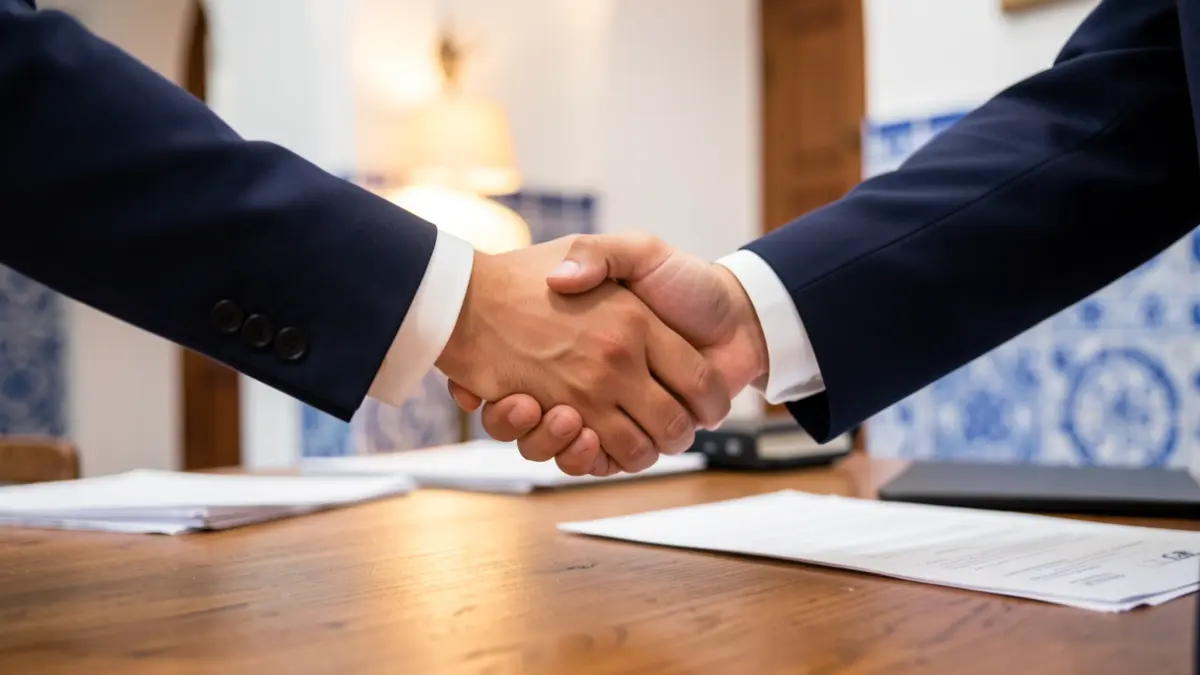 Generic image of a handshake over a desk, with subtle Andalusian architectural details.