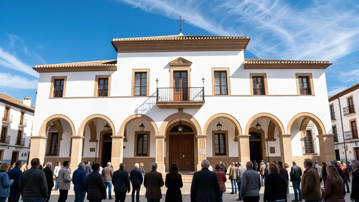 Facade of a traditional Andalusian town hall with white walls, arches, and a central balcony, under the sun.