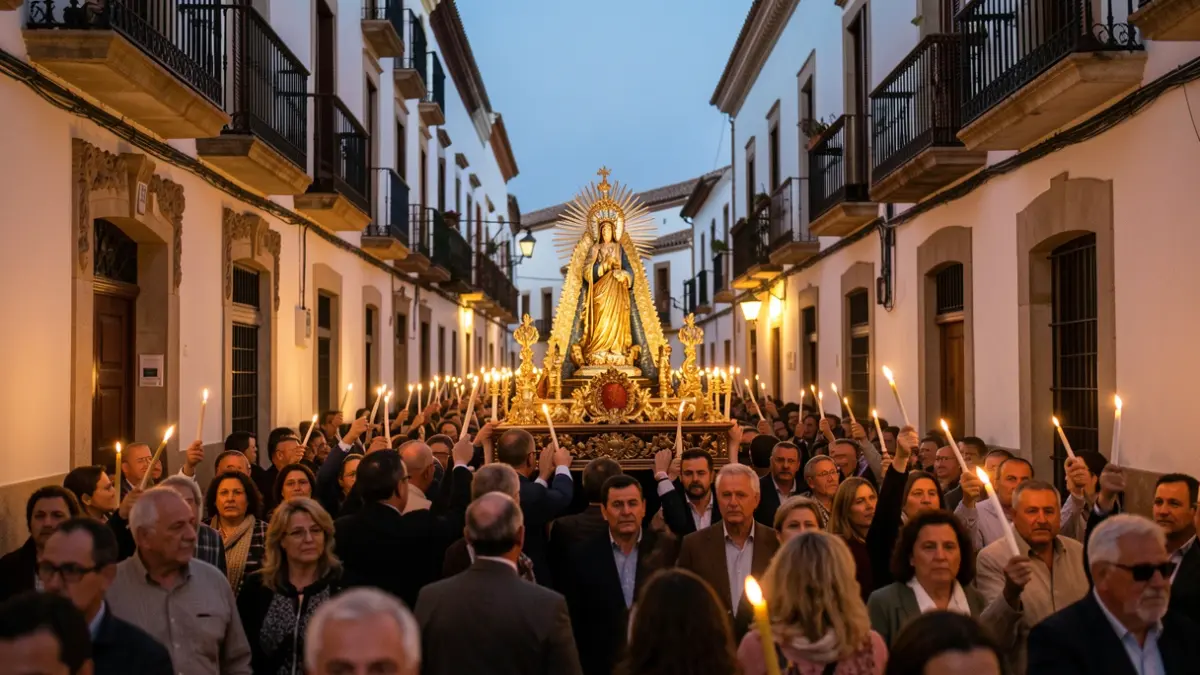 Procesión de la Virgen de la Piedad en Baza al anochecer, con fieles alumbrando el paso.