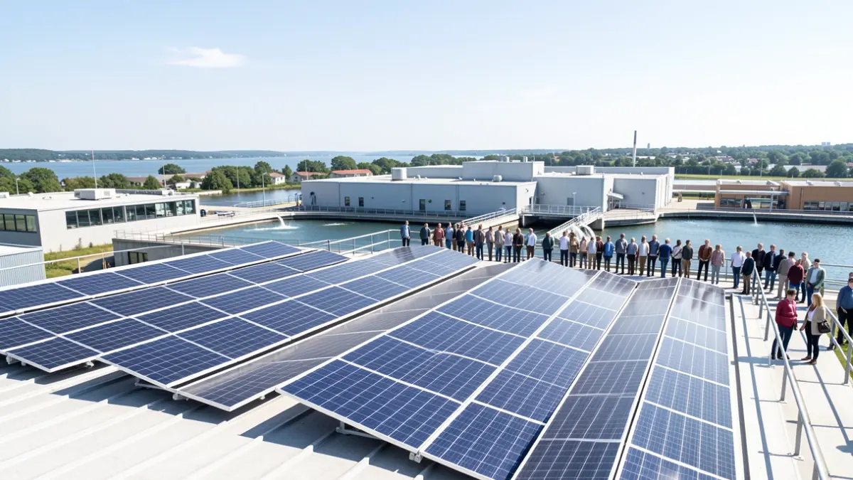 Paneles solares instalados en instalaciones industriales cerca de plantas de tratamiento de agua.