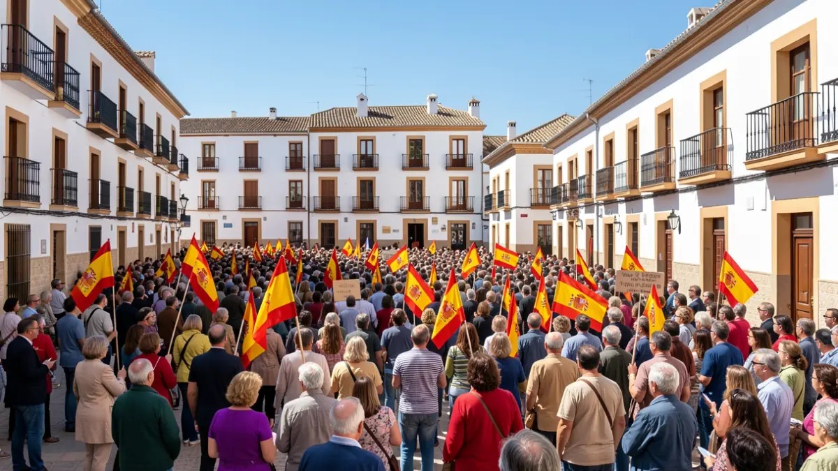 Imagen de una multitud pacífica manifestándose en una plaza de Andalucía con banderas españolas.