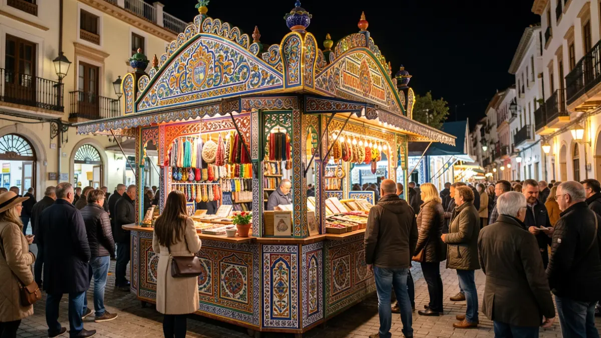 Imagen de una caseta de feria decorada con elementos andaluces y luces festivas.
