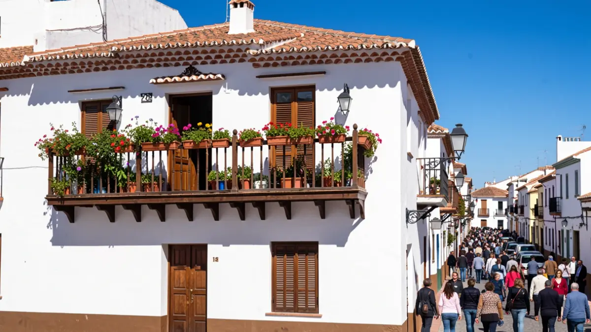 Fachada de una casa tradicional andaluza blanca con balcón de madera y flores.