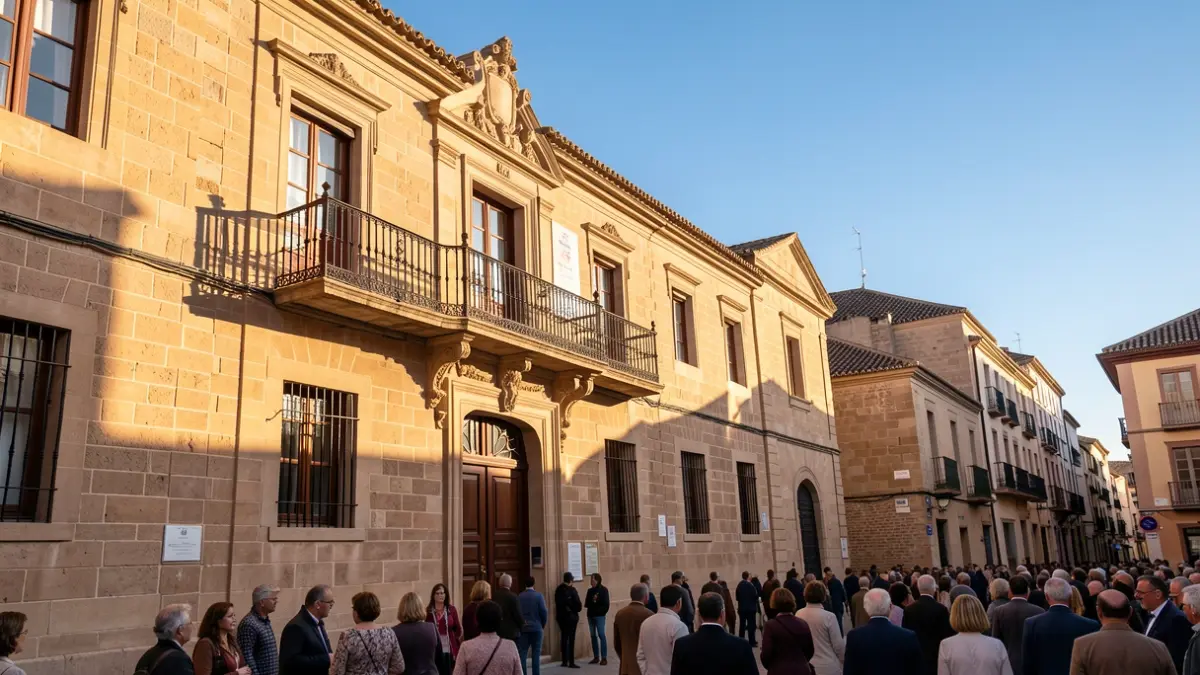 Facade of an Andalusian town hall with a balcony and iron railings, afternoon light.