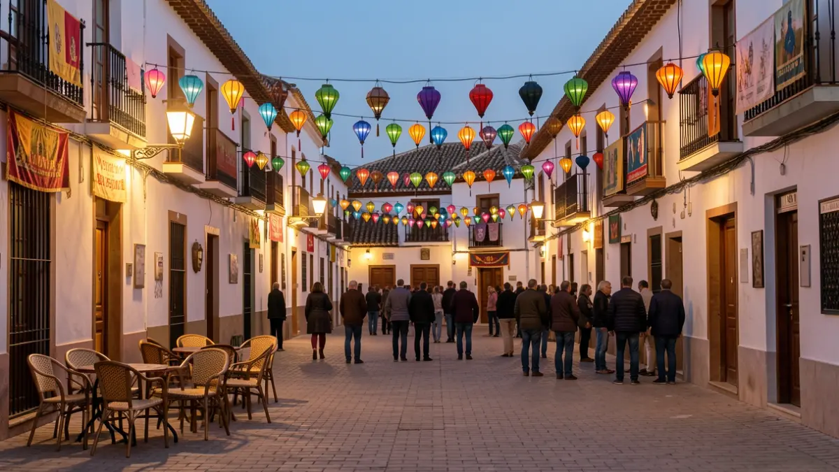 Andalusian town square decorated for festivities with lanterns and a festive atmosphere.