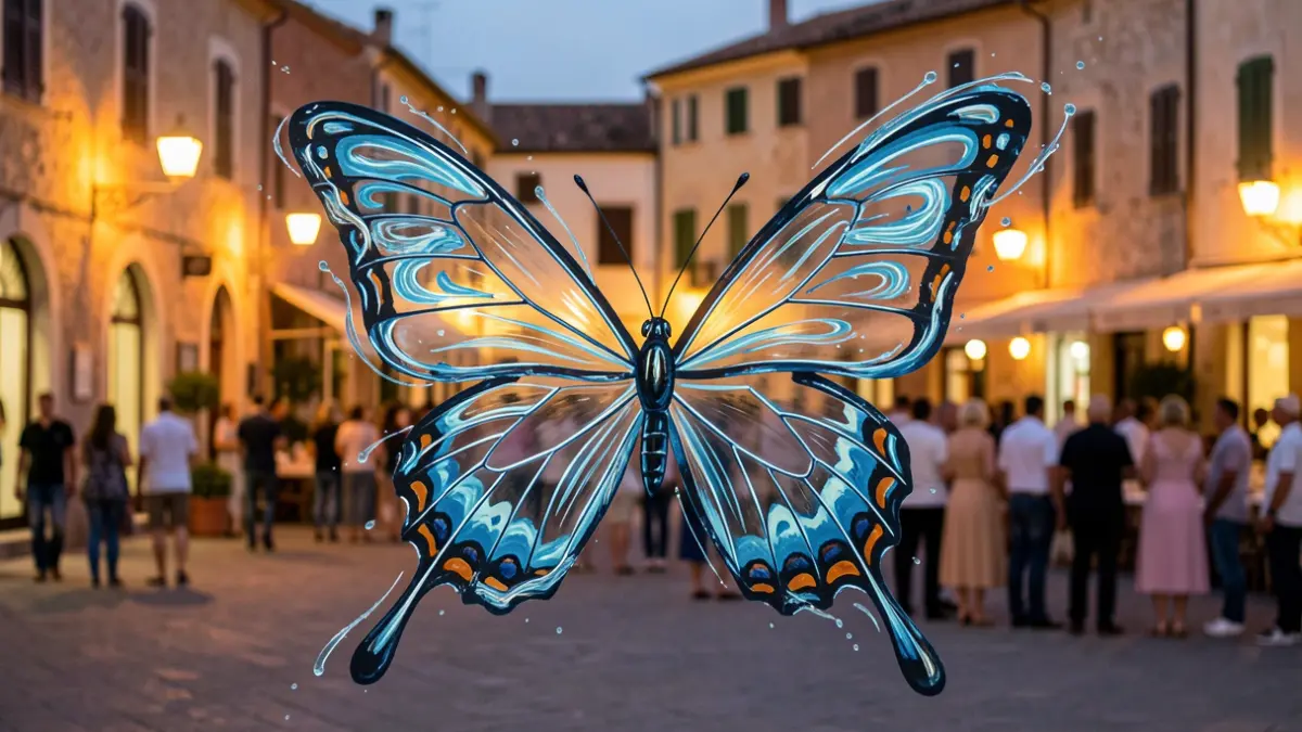 Imagen conceptual del espectáculo 'Efecto Mariposa' con una mariposa estilizada y elementos de movimiento y agua en una plaza andaluza al atardecer.