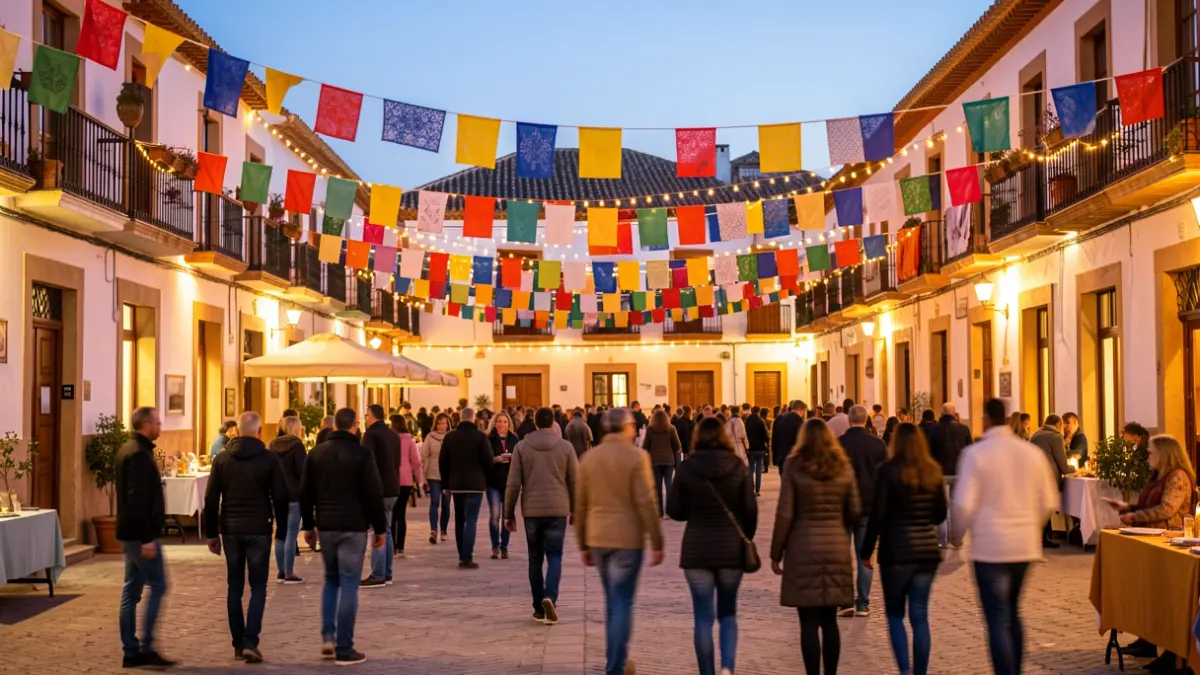 Imagen genérica de una plaza andaluza decorada para una fiesta popular con gente en el fondo.