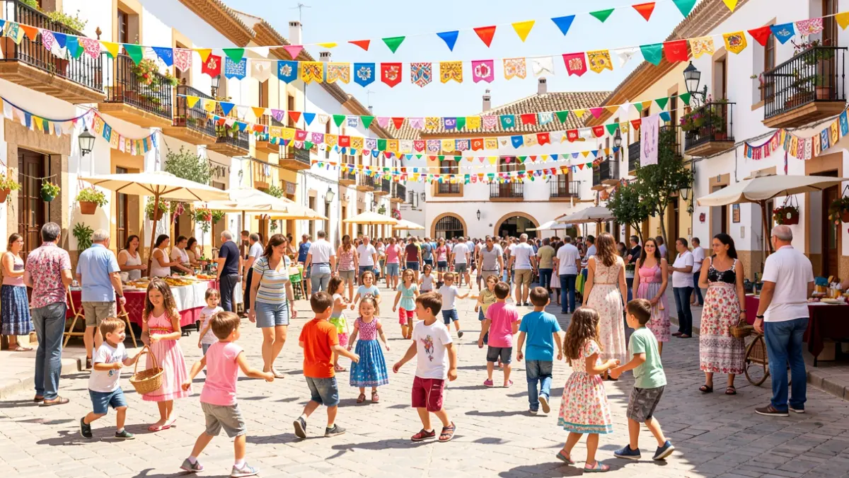 Generic image of an Andalusian square with families and children playing traditional games during a fair.