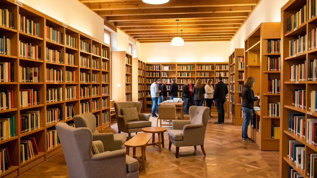 Generic image of a modern library in Andalusia with bookshelves full of books and reading chairs.