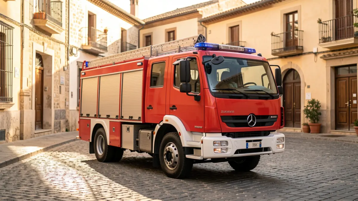 A compact urban pumper fire truck (BUL) parked on a narrow street in an Andalusian historic town center.