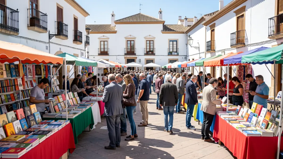 Image of the Bormujos Book Fair with book stalls and people