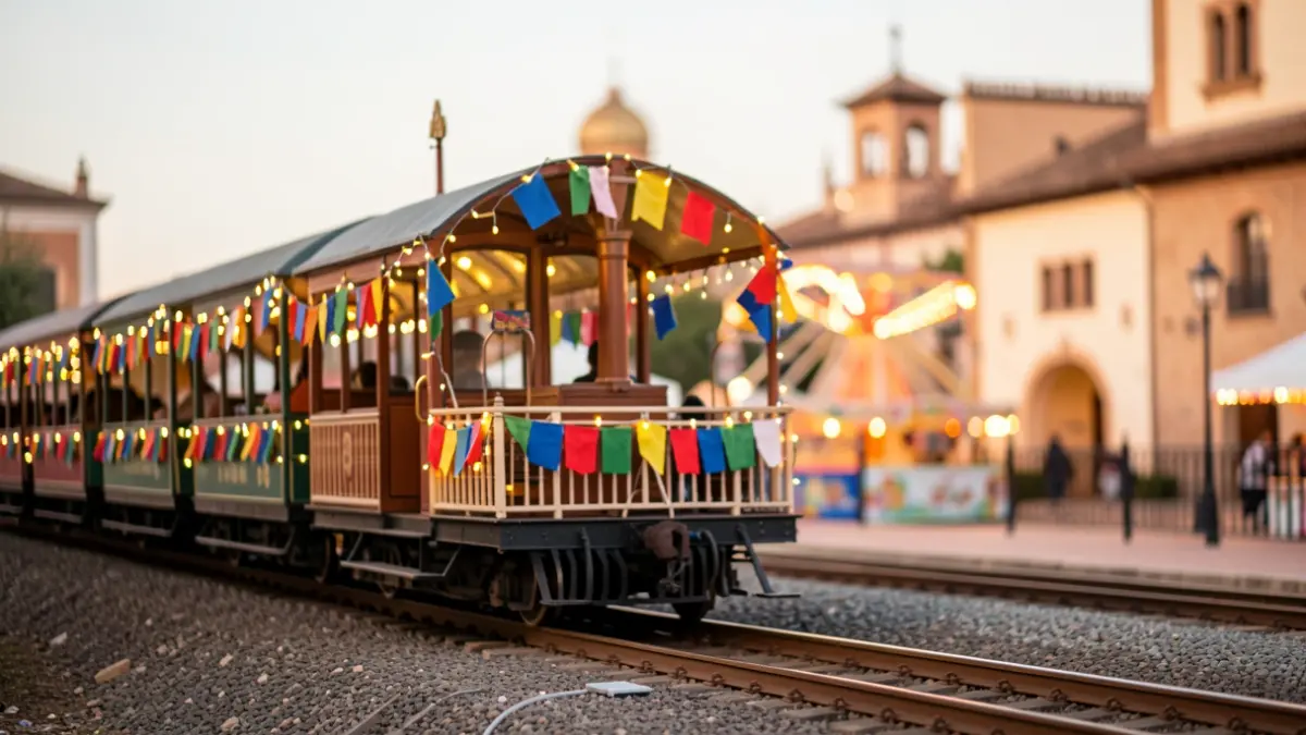 Bujalance Fair Train decorated with lights and colors, heading towards the fairgrounds.