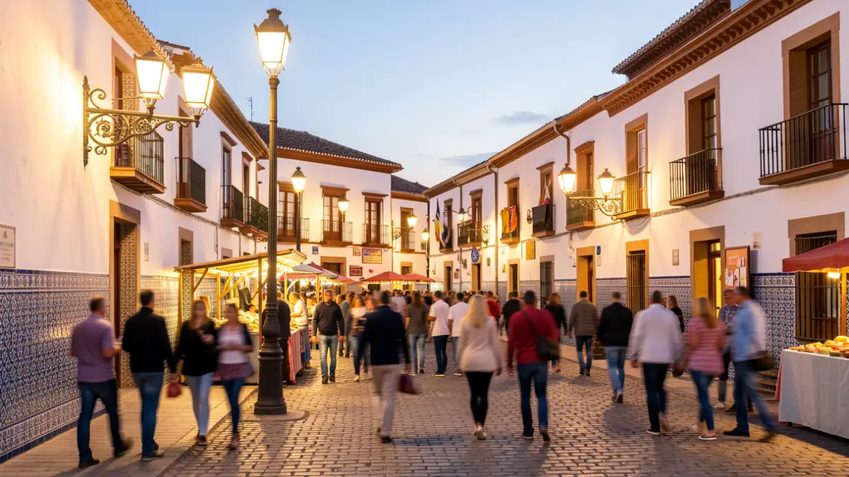 Plaza de un pueblo andaluz durante una feria al atardecer, con farolas y arquitectura tradicional.