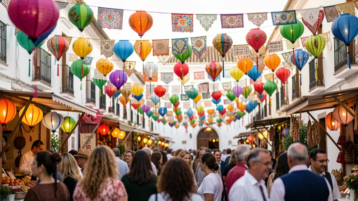 Generic image of an Andalusian fair with lanterns and white architecture.
