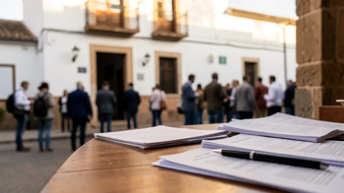 Facade of an Andalusian town hall with documents and a pen on a desk.