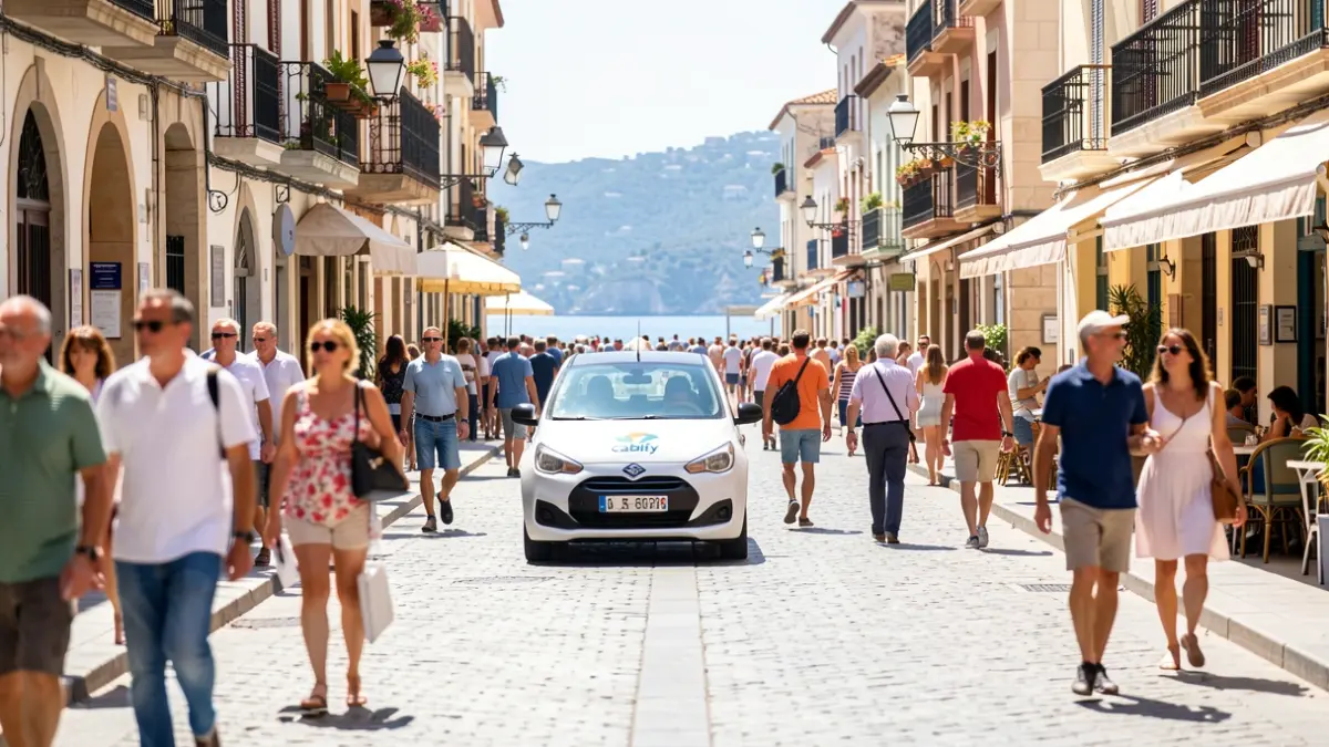 Imagen genérica de una calle concurrida en una ciudad costera andaluza durante el verano, con un coche de Cabify visible.