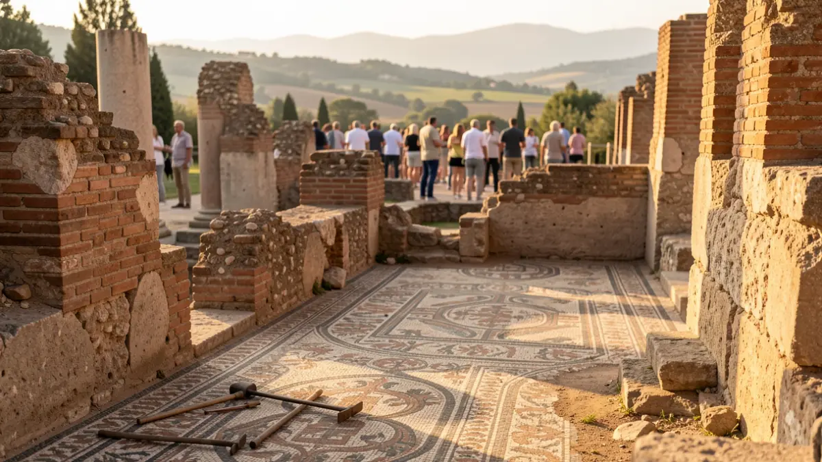 Ruins of the Villa del Mitra in Cabra with mosaics and partially preserved walls under the sunset light.