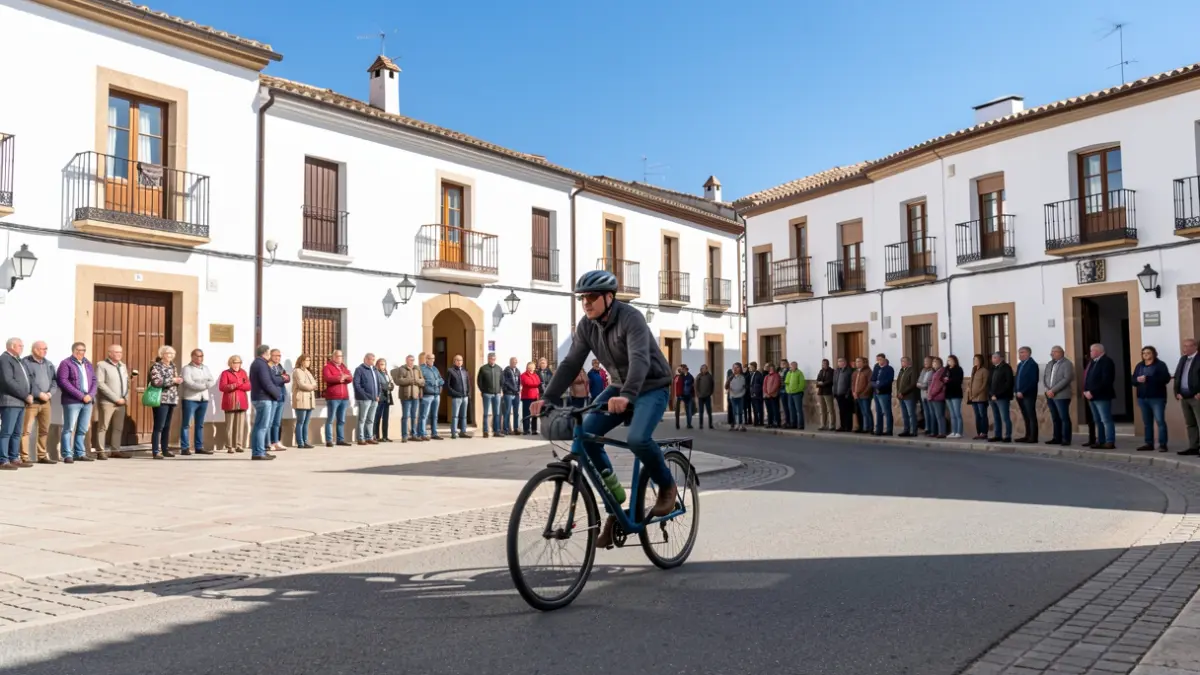 Image of a cyclist in a square of an Andalusian town during European Mobility Week.