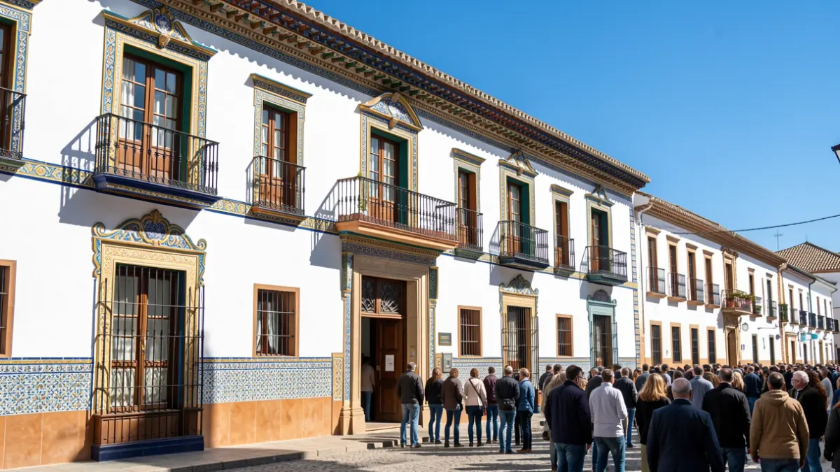 Fachada de un colegio público andaluz con detalles coloridos bajo el sol.