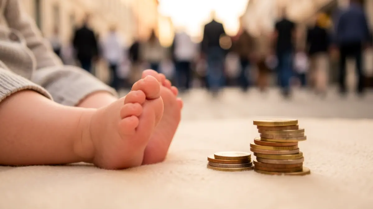 Generic image of baby feet next to euro coins.
